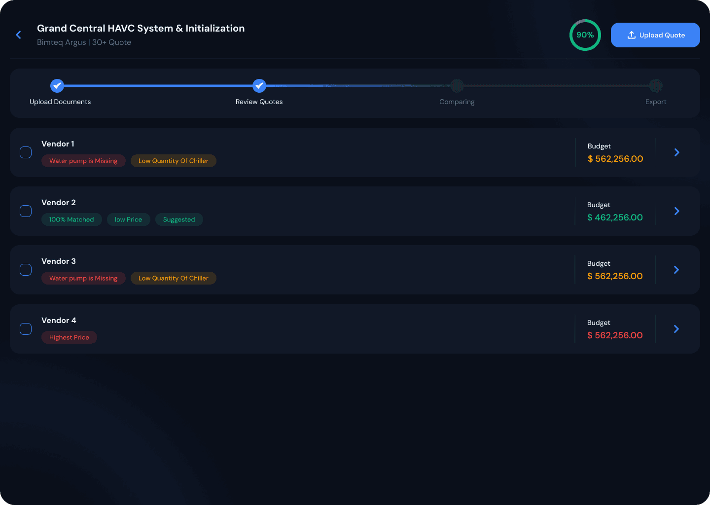 Argus job detail — vendor comparison with coverage scores, flags, and AI recommendation