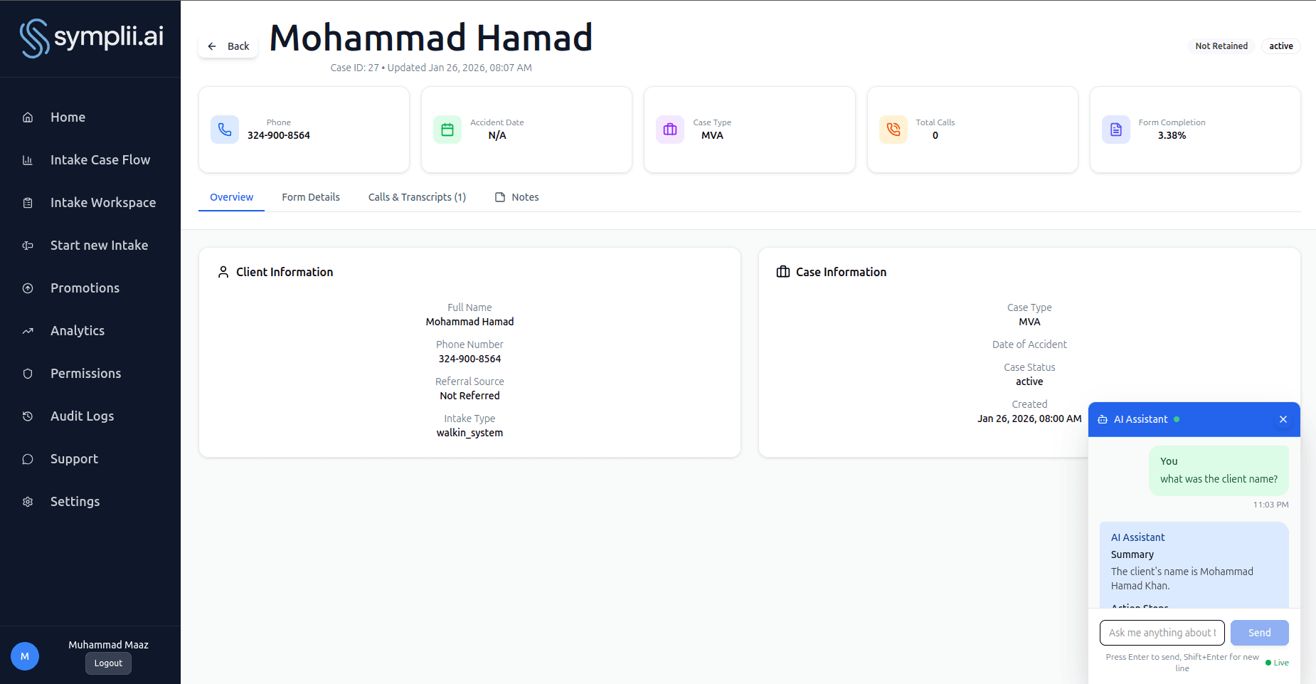 Tessera AI assistant — client overview with conversational AI for case queries