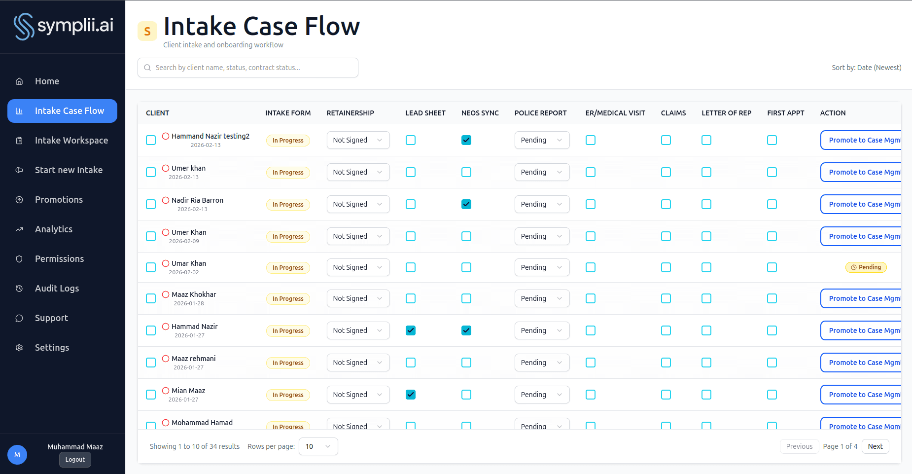 Tessera intake case flow — pipeline view tracking clients from intake to signed retainer