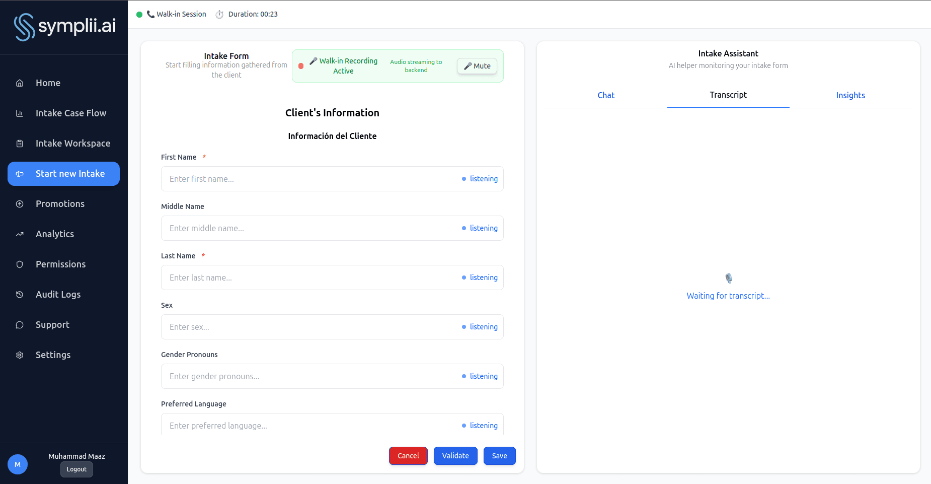 Tessera live intake — bilingual form with AI listening indicators and real-time transcription