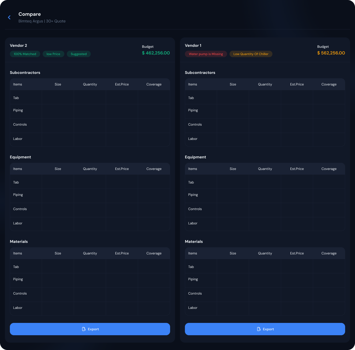 Argus compare view — side-by-side vendor analysis with subcontractors, equipment, and materials