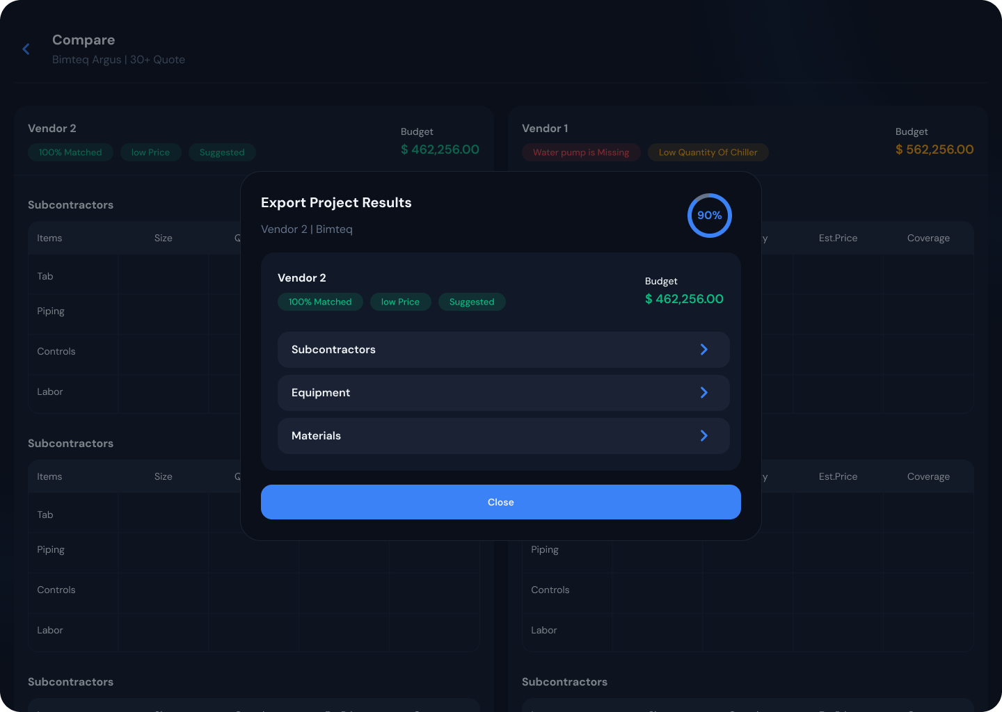 Argus export modal — 90% confidence score with vendor breakdown