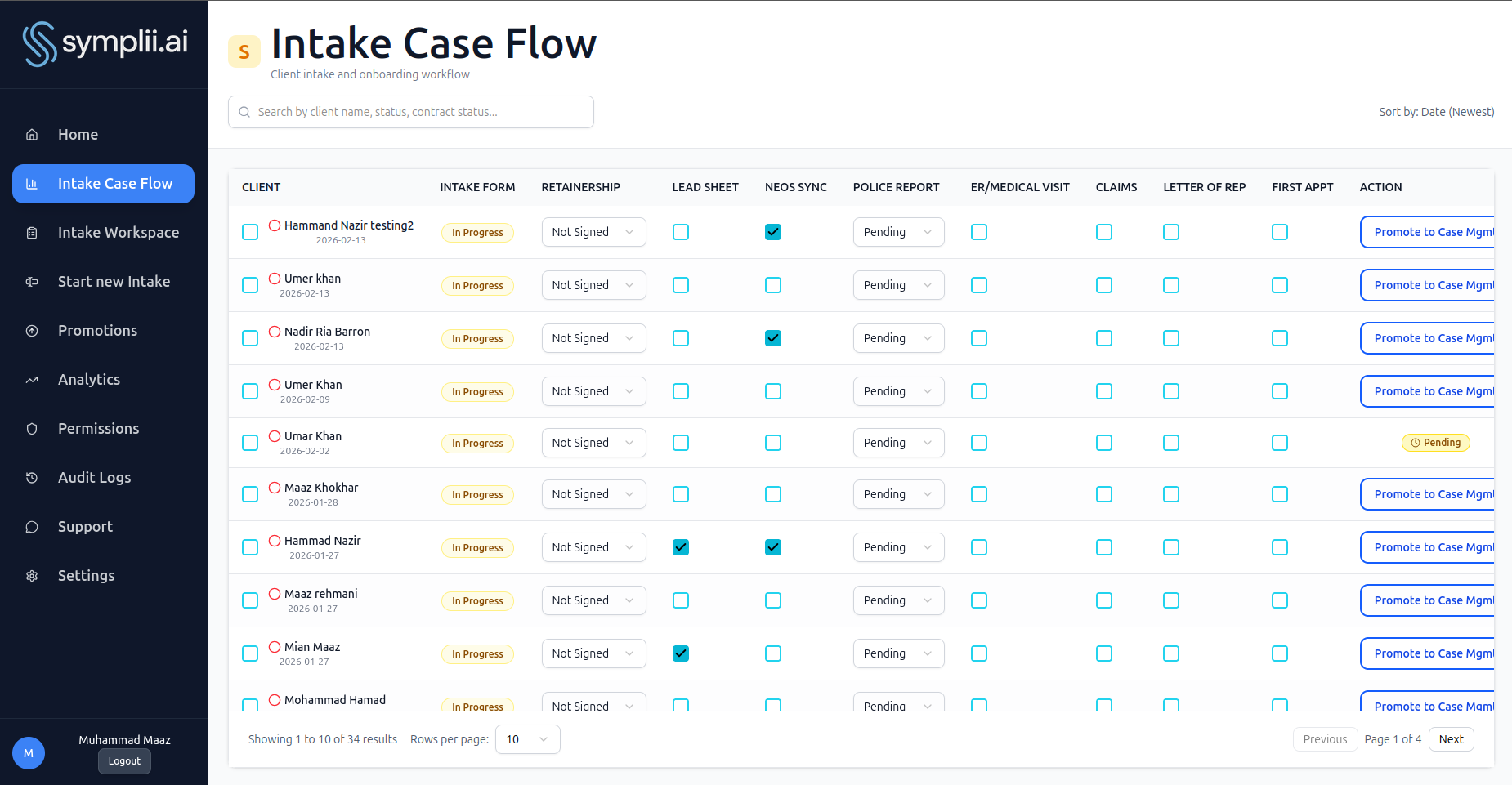 Tessera intake case flow — pipeline view tracking clients from intake to signed retainer